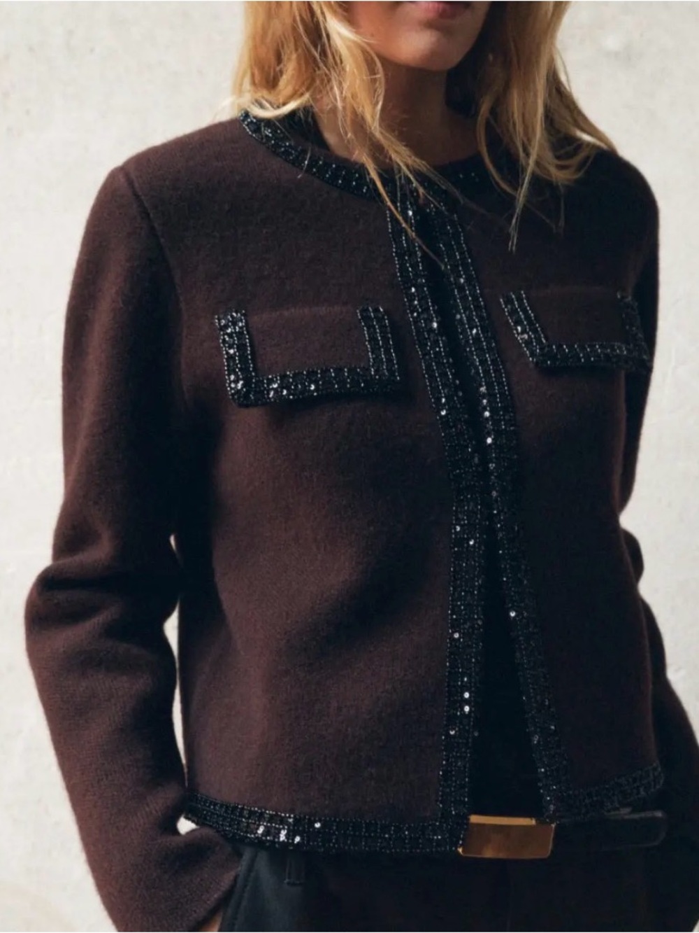 Zara Beaded Wool Knit Cardigan Brown Size Medium Embellished Trim